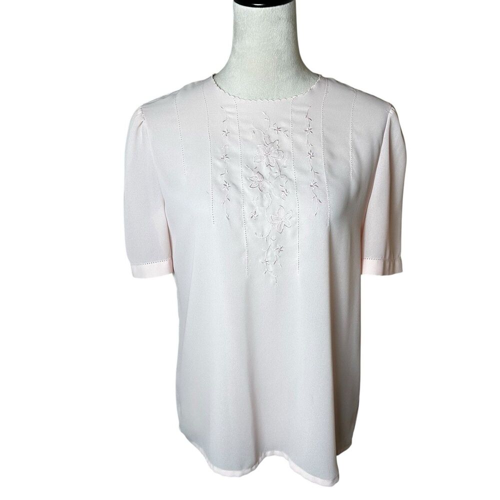 Vintage Avon‎ Floral Embroidered Powder Pink Blouse 12 | Modest Cottagecore Top